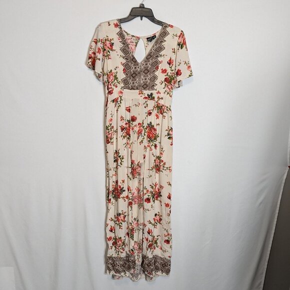 ANGIE White/Pink Floral Romper w Attached Maxi Skirt; Size M - Picture 1 of 6